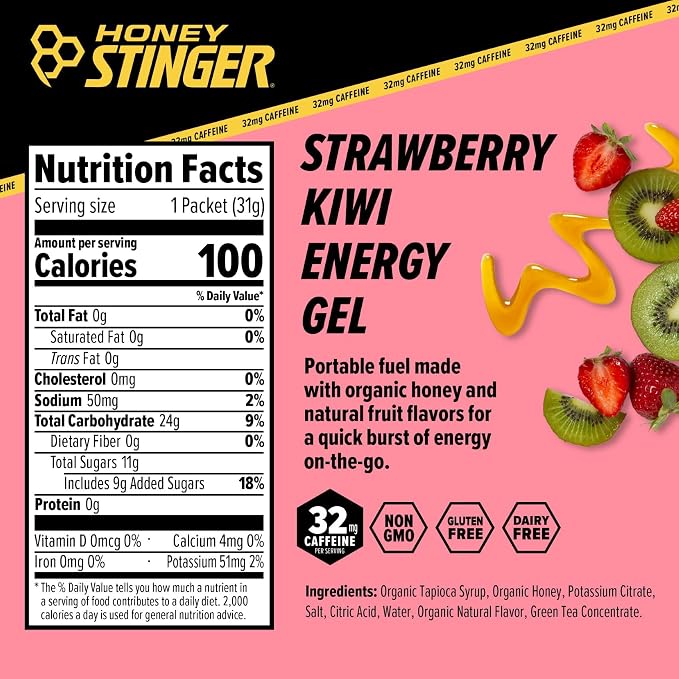Honey Stinger Strawberry Kiwi Energy Gel,Caffeinated & Gluten Free with Organic Honey,for Exercise,Running and Performance,Sports Nutrition for Home & Gym,Pre and Mid Workout,(Pack of 48)