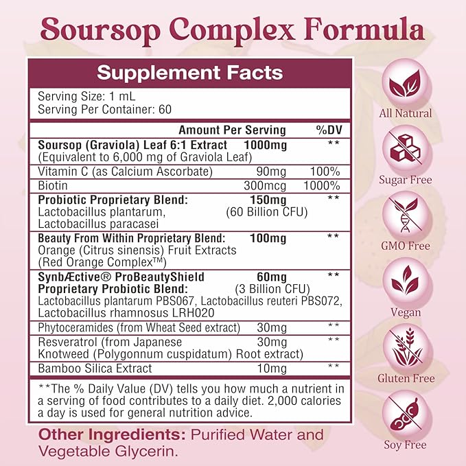 Soursop Probiotic Liquid Drops, Soursop Bitters Liquid with Probiotic Beauty Collagen Boost for Hair, Skin, and Nails, Immune Boost