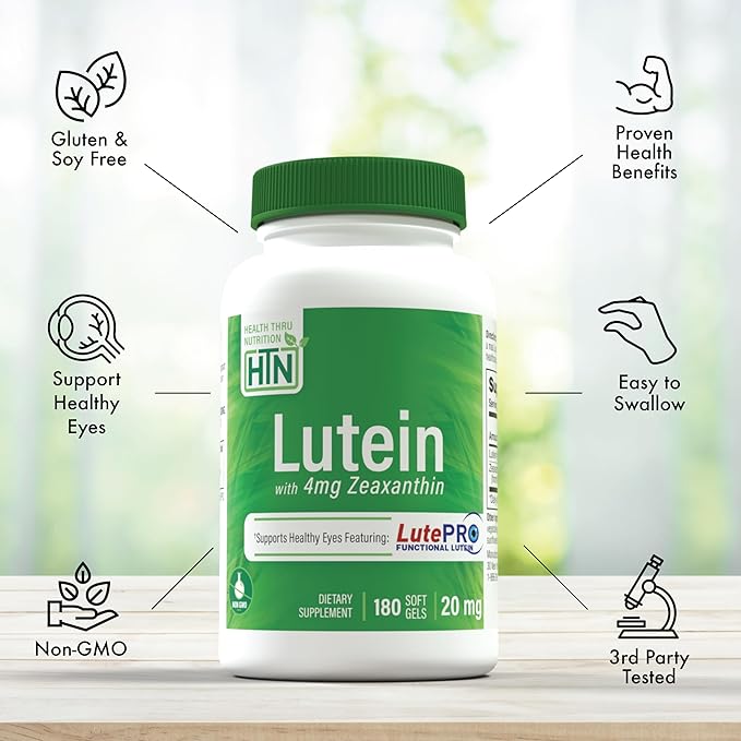 Lutein 20mg with Zeaxanthin 4mg 180 Softgels | Trans-Isomer Marigold Extract in Nature Identical 5:1 Ratio | Supports Healthy Eye, Skin and Brain | Non-GMO Soy & Gluten Free | by Health Thru Nutrition