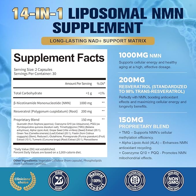 Totaria 2 Packs Liposomal NMN Supplement 1000mg, 14-in-1 NMN Resveratrol Complex with CoQ10, TMG, Quercetin, ALA, PQQ, Support NAD Levels, Cellular Energy & Healthy Aging, cGMP, Filler Free