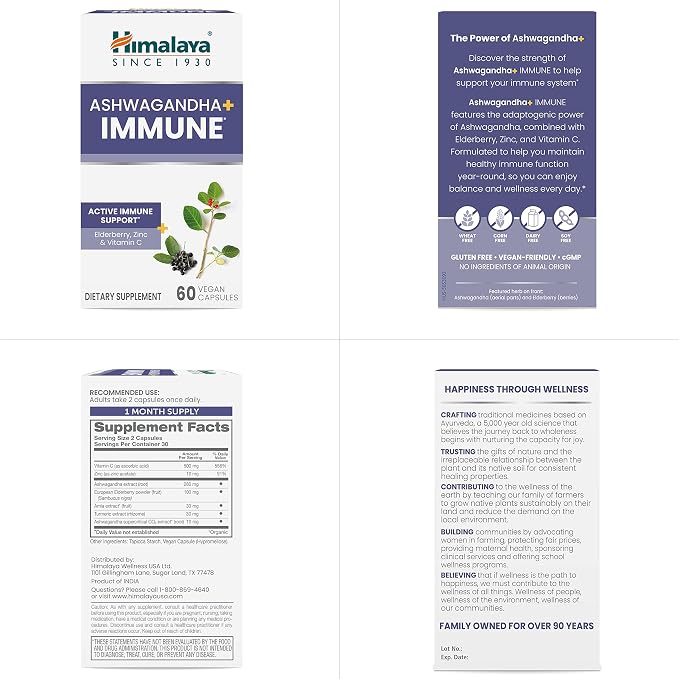 Himalaya Ashwagandha+ Immune - Herbal Immune Support Supplement with Vitamin C, Zinc, Elderberry, and Amla for Immunity - Vegan, Non-GMO, Gluten Free, 960 mg, 60 Capsules