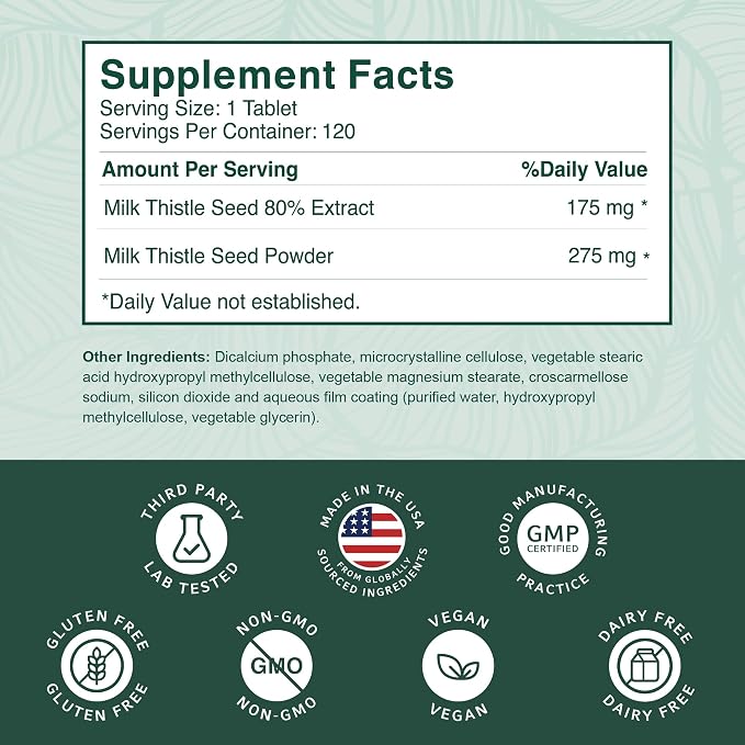 PurePremium Milk Thistle Supplement – Liver Cleanse Detox & Repair, 80% Silymarin Standardized Extract – 450mg Complex Supports Normal Liver Function – Non-GMO, Gluten-Free - 120 Supply