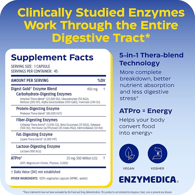 Enzymedica Digest Gold + ATPro, Maximum Strength Digestive Enzymes, Helps Digest Large Meals for Instant Bloating Relief, 45 Count