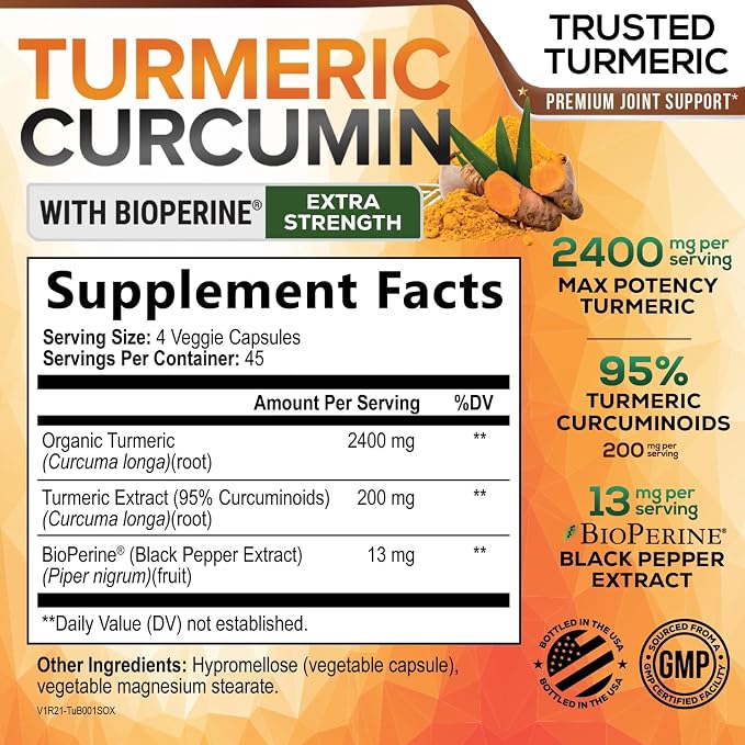 Turmeric Curcumin Supplement - 2400mg Organic Turmeric Per Serving - 95% Curcuminoids & BioPerine Black Pepper Extract for Best Absorption - Natural Vegan Joint Support, Bottled in USA - 180 Capsules