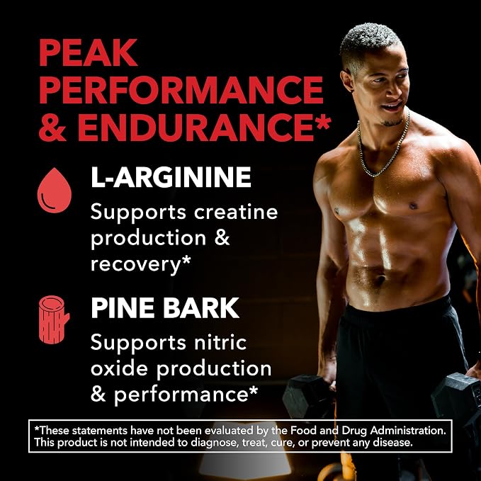 L-Arginine 1800mg and Pine Bark Extract 100mg - Nitric Oxide Supplement for Men - Performance Supplement for Men's Health - 90 Count - Endurance, Recovery Support - Vegan, Non-GMO Capsules