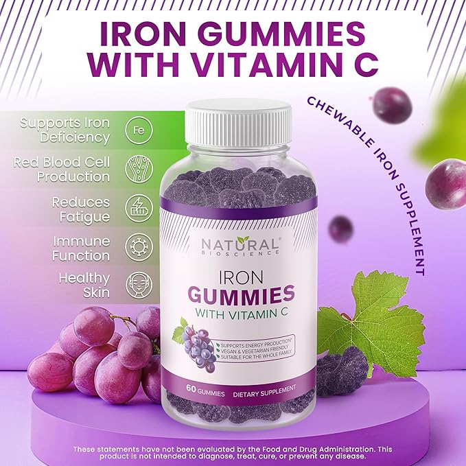 Iron Gummies with Vitamin C for Adults & Kids - Chewable Iron Supplement for Iron Deficiency Anemia, Red Blood Cell Support, Energy, Immune Function, Brain Health, Max Absorption, Grape Flavor, Vegan