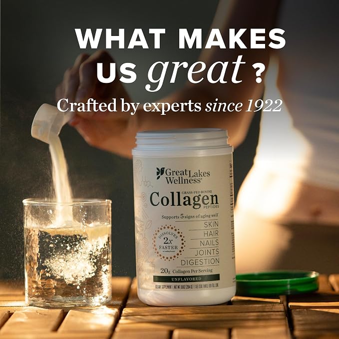 Great Lakes Wellness Collagen Peptides Powder – Supports Skin, Hair, Nails, Joints & Digestion – Hydrolyzed, Quick Dissolve, Non-GMO, Keto & Kosher – Unflavored, Pure Collagen Protein (20 Servings)