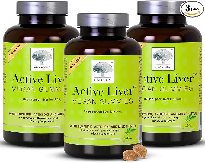 New Nordic Active Liver Gummies, Milk Thistle, Artichoke & Turmeric Supplement, Natural Peach & Mango Flavor, Sugar Free & Vegan, 60 Count (Pack of 3)