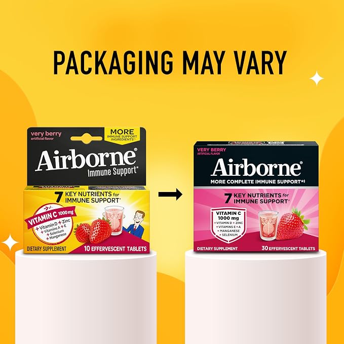 Airborne Variety Pack 1000mg Vitamin C with Vitamin D & Zinc, Sugar Free Multivitamin Immune Support Supplement, Antioxidants Vitamins A C & Vitamin E, 30 Effervescent Tablets, Citrus + Verry Berry