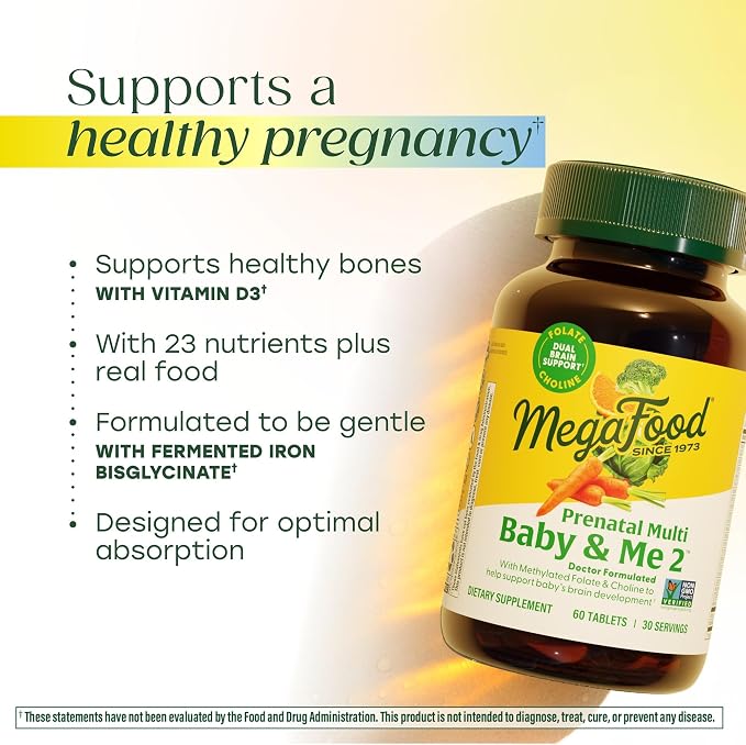 MegaFood Baby & Me 2 Prenatal Vitamin and Minerals - Vitamins for Women - with Folate (Folic Acid Natural Form), Choline, Iron, Iodine, and Vitamin C, Vitamin D and more - 60 Tabs (30 Servings)