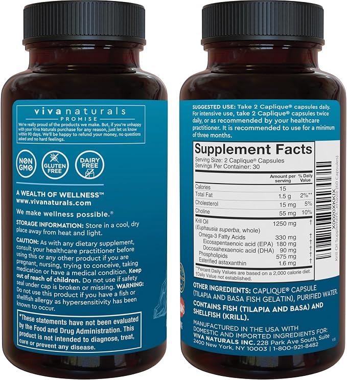 Viva Naturals 1250 mg Antarctic Krill Oil and 2,500 mg Triple-Strength Omega-3 Fish Oil Bundle, Providing Omega-3 EPA and DHA