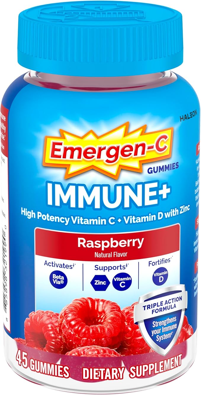 Emergen-C Immune+ Triple Action Immune Support Gummies, BetaVia (R), 1000mg Vitamin C, B Vitamins, Vitamin D and Antioxidants, Raspberry – 45 Count