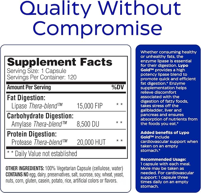 Enzymedica Lypo Gold, High Potency Lipase Digestive Enzymes for Fat Digestion, Supports Occasional Bloating Relief & Digestive Health, Keto-Friendly, Vegan, 120 Capsules