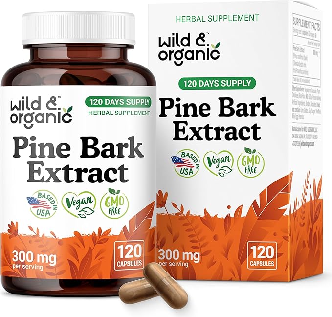 Wild & Organic Pine Bark Extract Capsules 300 mg - Antioxidant Supplement - 95% Proanthocyanidins - 120 Capsules - French Maritime Pine Bark Extract - 4-Month Supply - Pinus Maritima - Vegan, Non-GMO