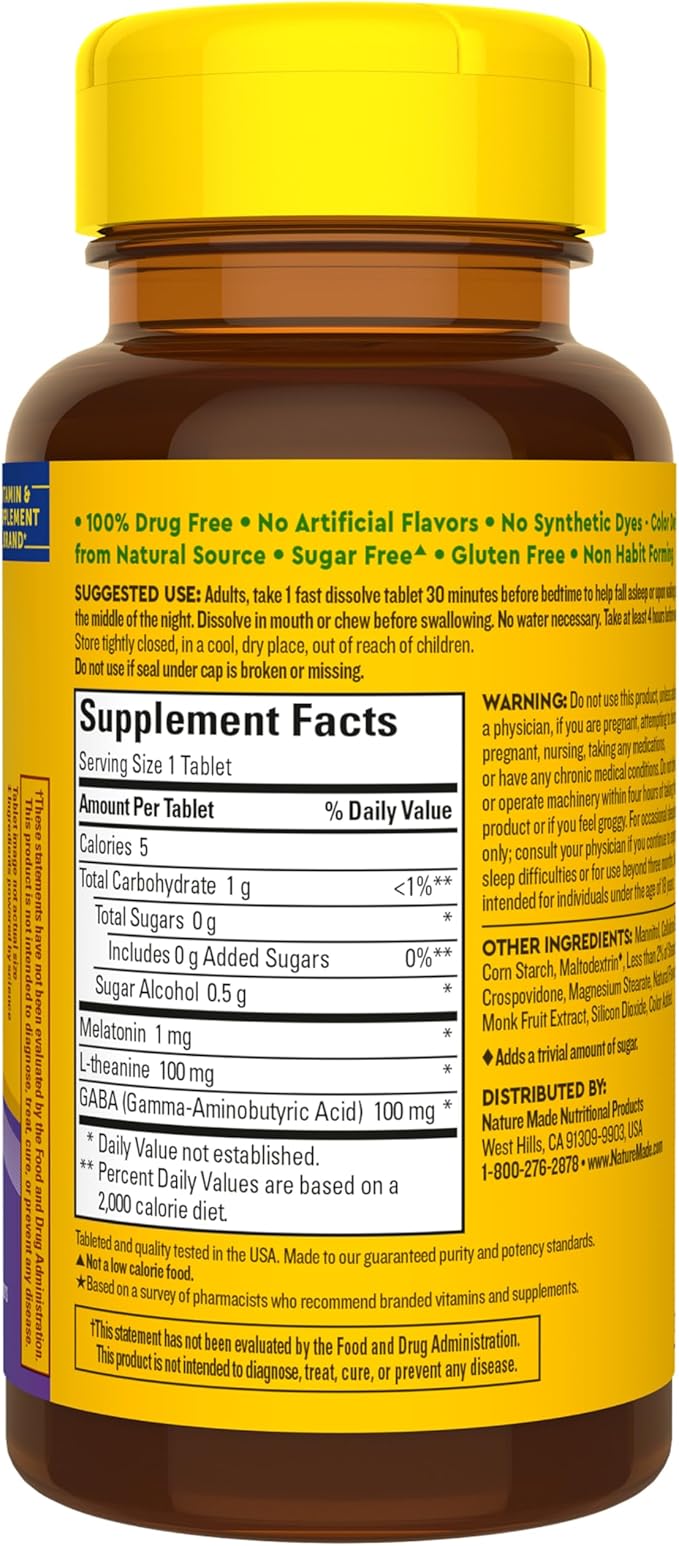 Nature Made Wellblends Back To Sleep, Lower Dose Melatonin 1 mg, L theanine 100 mg and GABA 100mg, Sleep Supplement, 40 Fast Dissolve Tablets