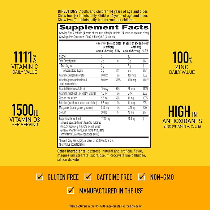 Airborne Citrus Chewable Tablets, 200ct | Immune Support Supplement with 1000mg Vitamin C + Vitamins A, D, E, Zinc,Selenium, & Manganese | Herbal Blend | Gluten Free
