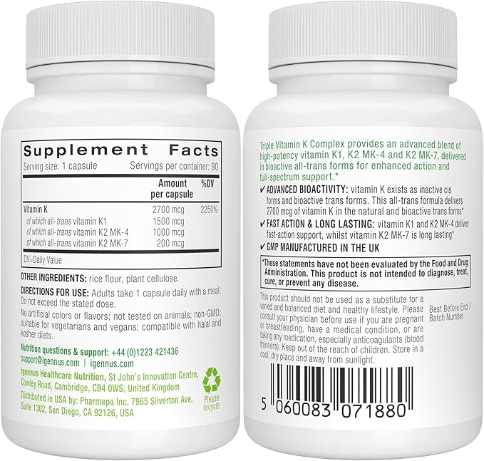 Igennus High Strength Triple Vitamin K Complex 2700 mcg, K1 & K2 (MK-4 & MK-7), 1-a-Day, Clean Label, Advanced Bioactive Forms, Bone & Cardiovascular Support, Vegan, 90 Fast Action Capsules