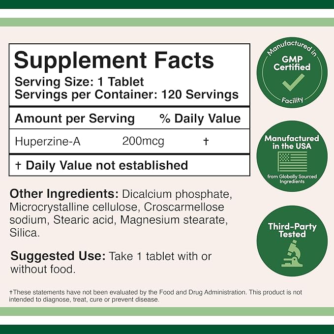 Huperzine A 200mcg (Third Party Tested) 120 Tablets, Brain Supplement to Promote Acetylcholine (Acetylcholinesterase Inhibitor) - Supports Memory and Focus by Double Wood (Pack of 2)