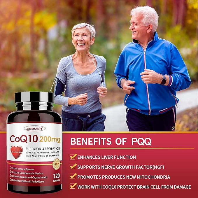 ZEBORA CoQ10-200mg-Softgels with PQQ, BioPerine & Omega-3, 120 Servings Coenzyme Q10(Ubiquinone) Supplement for High-Absorption, Powerful-Antioxidant, Support Heart & Energy-Production