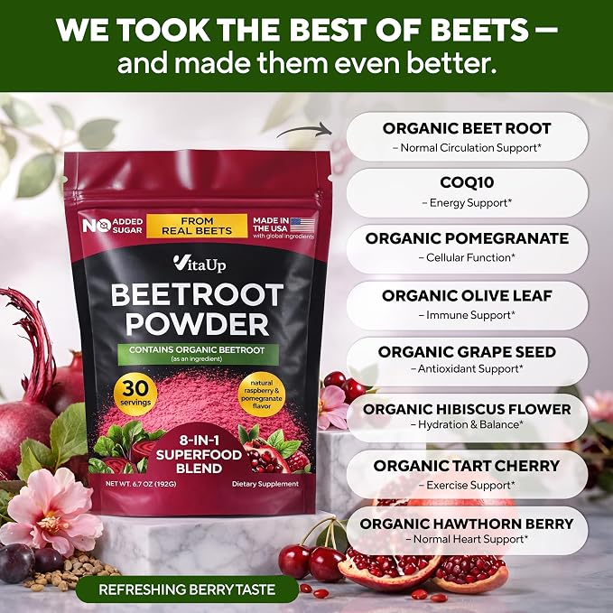 VitaUp Beet Root Powder 8 in 1 – USA Made Beets Powder Supplements with Grape Seed, Hawthorn, Coq10 – with Organic Beetroot for Normal Circulation & Energy Support – 30 Serving