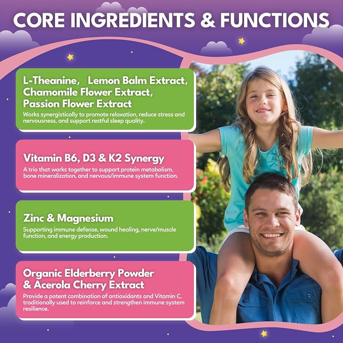 Magnesium Calming Gummies for Kids 4+ & Adults, Sugar Free Magnesium Supplement with L-Theanine, Chamomile, Vitamins B6, D3, K2, Zinc for Sleep, Relaxation, Focus & Muscle Support, Raspberry Flavor