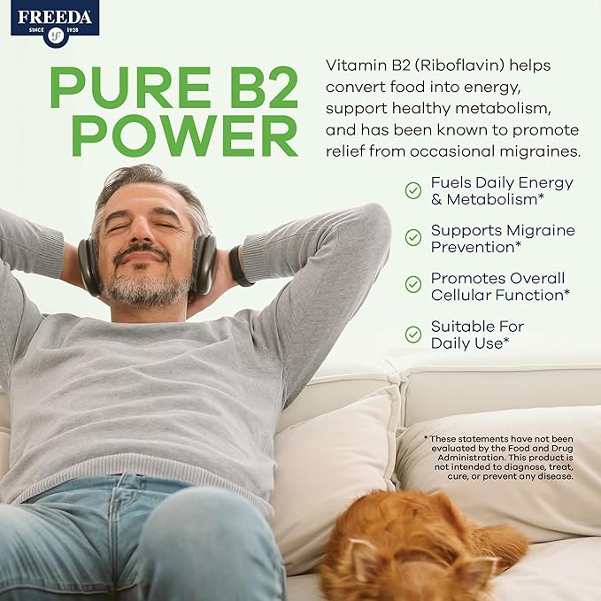 FREEDA Riboflavin Vitamin B2 Tablets – 50mg – Optimized Dose for Energy & Nervous System Support – Kosher, Vegan, GF B2 Vitamins Supplement – VIT B 2 for Brain & Metabolism (100 Ct)