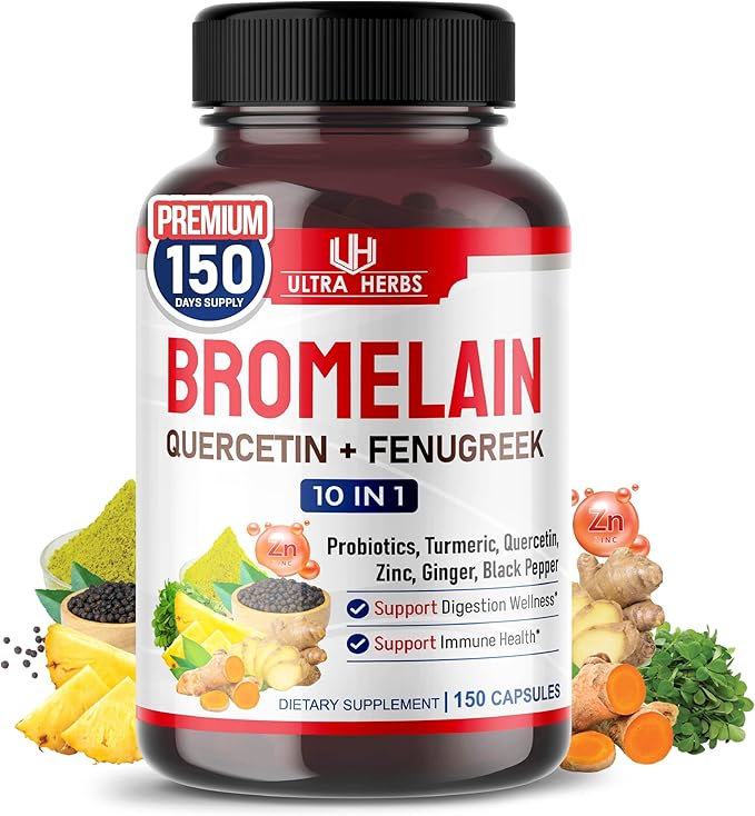 Bromelain Supplement with Quercetin, Zinc, Fenugreek, Turmeric, Ginger, Black Pepper & Probiotics - Supports Digestion, Joint Health & Nutrient Absorption | 150 Capsules