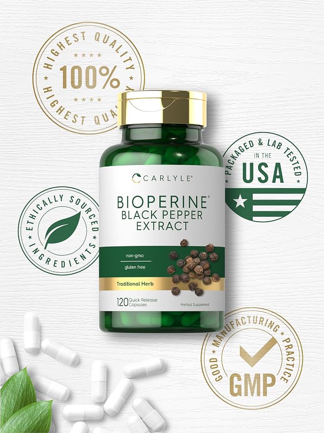 Carlyle Bioperine 10mg | 120 Capsules | Non-GMO & Gluten Free | Sourced from Black Pepper Extract | Supports Curcumin Powder Absorption