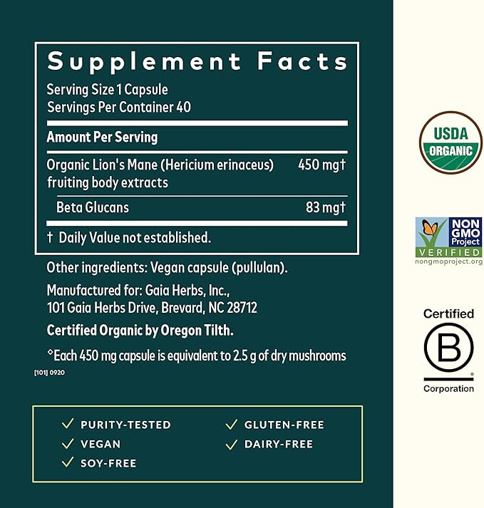 Gaia Herbs Lion's Mane Mushroom - Brain Health Support* - 40 Vegan Capsules (40 Servings)