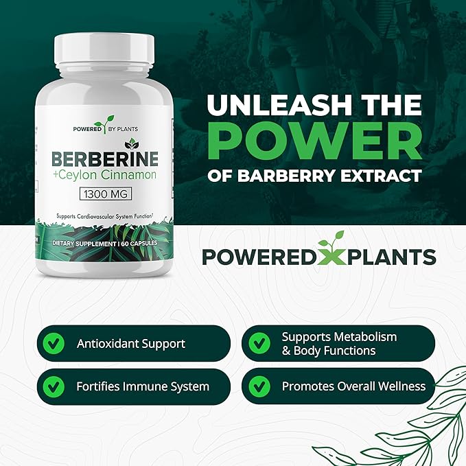 Pure Berberine Supplement - 1300mg Berberine with Ceylon Cinnamon for Metabolism & Immune System Support - 1 Pack of 180 Servings