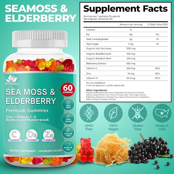 BIO VITALICA Irish Sea Moss Gummies with Elderberry – USA Made Vegan Gummies with Vitamin C, D & Zinc – Immune Support Supplement with Bladderwrack & Burdock Root for Adults & Kids – 60 Count