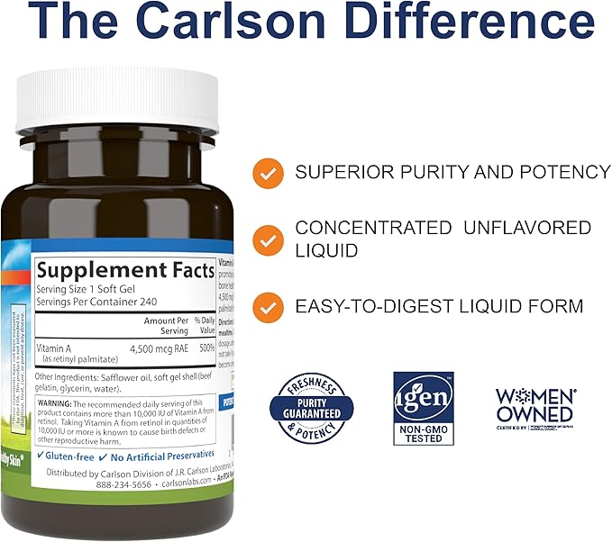 Carlson - Vitamin A, 15000 IU Palmitate (4500 mcg RAE), Vision Health & Healthy Skin, Immune Function, 240 Softgels