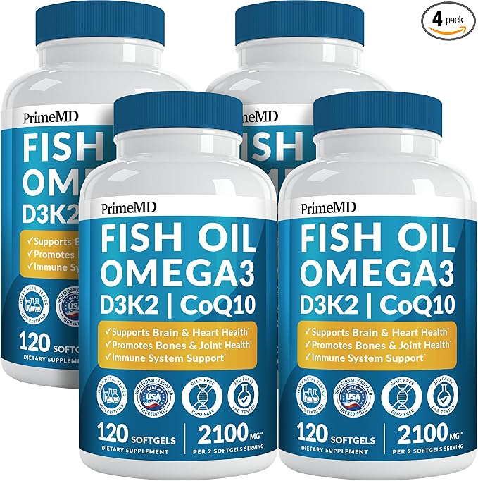 5-in-1 Fish Oil Omega 3 Fatty Supplements (2100mg) - Omega 3 Fish Oil with Vitamins D3 K2 and CoQ10 - Lemon Flavored (120 softgels, Pack of 4)