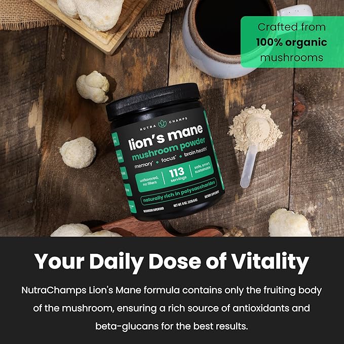 NutraChamps Organic Lions Mane Powder - 2000mg Powerful Nootropic for Memory, Focus, Immune Support - Vegan Lion’s Mane Mushroom Powder Supplement with Naturally Occurring Beta-Glucans - 8oz