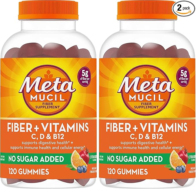 Metamucil Fiber Gummies for Adults with Vitamins C,D,B12 for Metabolism,No Sugar Added Citrus Berry Flavor,5g Plant Based Prebiotic Fiber Supplement Blend,120 Count (Pack of 2)