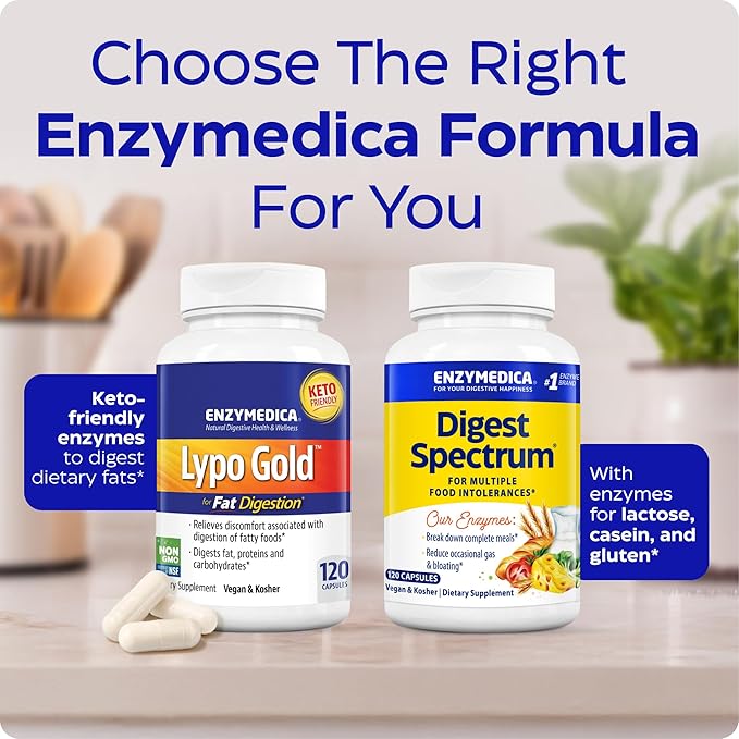 Enzymedica Lypo Gold, High Potency Lipase Digestive Enzymes for Fat Digestion, Supports Occasional Bloating Relief & Digestive Health, Keto-Friendly, Vegan, 120 Capsules