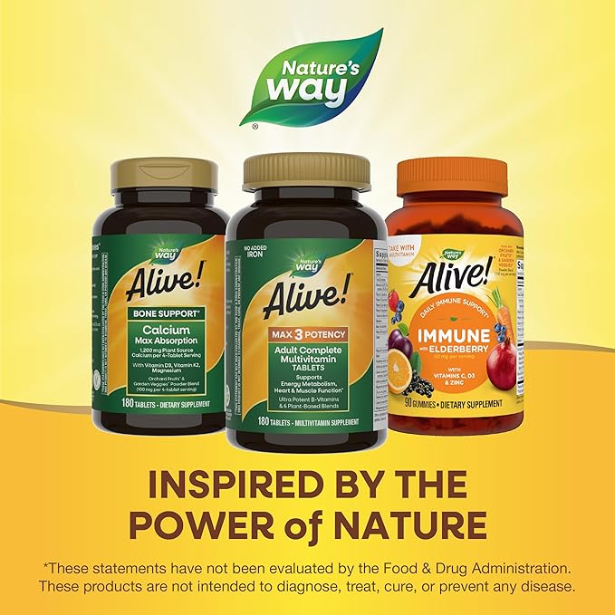 Nature's Way Alive! Max3 Potency Adult Complete Multivitamin, High Potency B-Vitamins to Support Cellular Energy Metabolism*, Multivitamin with Methylated B12 & Folate, No Added Iron, 180 Tablets