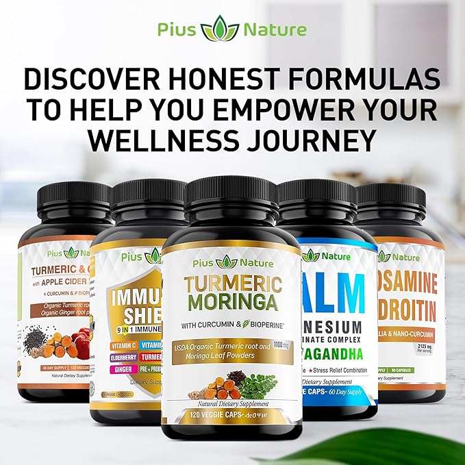 PIUS NATURE Turmeric Moringa - Organic Turmeric Curcumin Supplements and Organic Moringa Powder - 120 Veggie Capsules Supplement for Women and Men