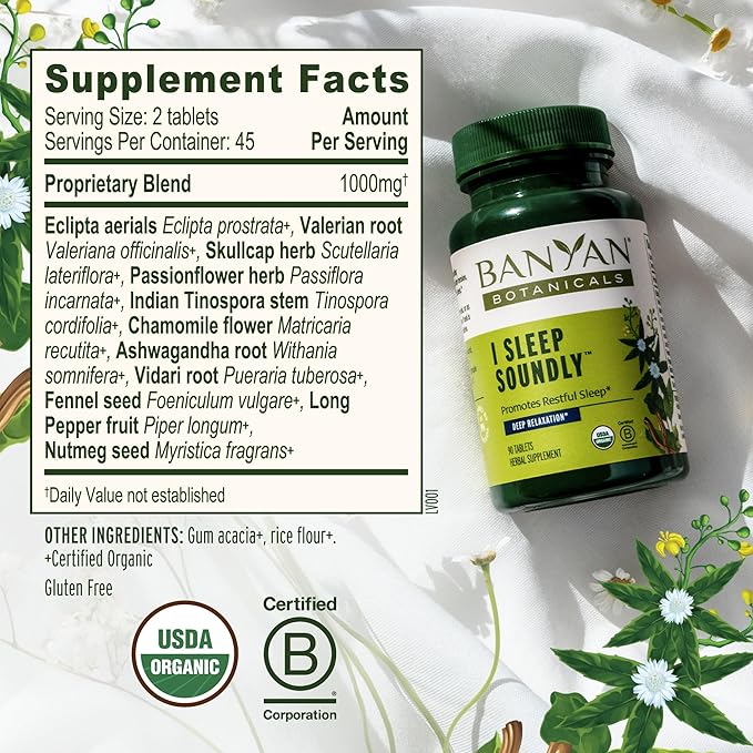 Banyan Botanicals I Sleep Soundly–Organic Deep Sleep Supplement –Natural Melatonin-Free Sleep Aid for Relaxation & Nighttime Tension–with Ashwagandha,Valerian & Chamomile-90 Tablets-USDA Organic