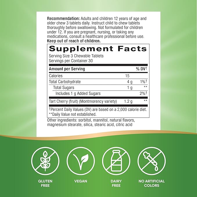Nature's Way Tart Cherry Ultra Chewables, Supports Antioxidant Pathways* with Anthocyanins, 1,200 mg Potency per 3-tablet Serving, Cherry Flavored, Gluten Free, Vegan, 90 Count (Packaging May Vary)