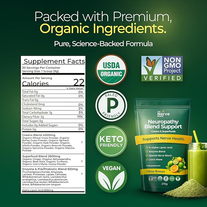 The Nerve Brand Neuropathy Superfood Blend, Greens Powder with R Alpha Lipoic Acid & Lions Mane for Nerve Support, Citrus Breeze, 30 Servings