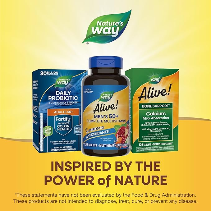 Nature’s Way Alive! Men’s 50+ Complete Multivitamin, Supports Multiple Body Systems*, Supports Cellular Energy*, High Potency B-Vitamins, Gluten-Free, 130 Tablets (Packaging May Vary)