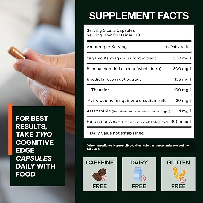 Cognitive Edge Bacopa Memory Supplement - Calm Focus, Daily Clarity & Retention - 7 Natural Ingredients Including L-Theanine, Ashwagandha, PQQ, Astaxanthin - Caffeine-Free Brain Support (60 Capsules)
