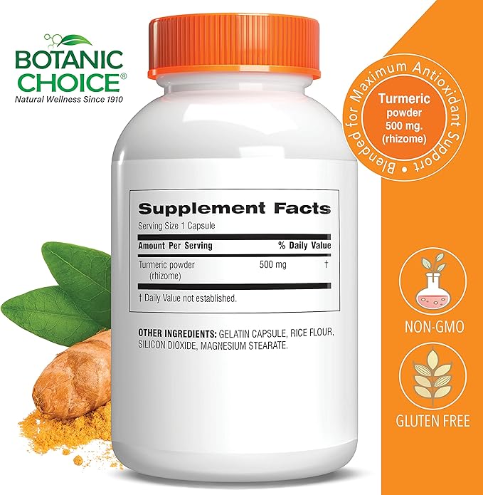 Botanic Choice Premium Turmeric Antioxidant Support - Joint Health Supplement for Adults - 180 Vege Capsules (500 mg each)