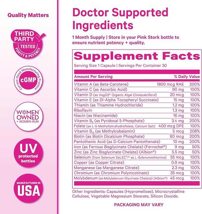 Pink Stork Total Women's Multivitamin - 19 Essential Vitamins for Women & Nutrients – Energy, Metabolism, Hormone, Immune & Mood Support – B6, B12, Biotin, Iron & Zinc – 30 Capsules