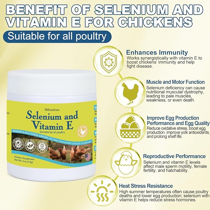 Selenium & Vitamin E Powder for Chickens, Selenium for Chickens, Immune System, Muscle Support & Prevents, Improve Wry Neck, Selenium, Vitamin E Supplements, Suitable for All Poultry, Chicken & More