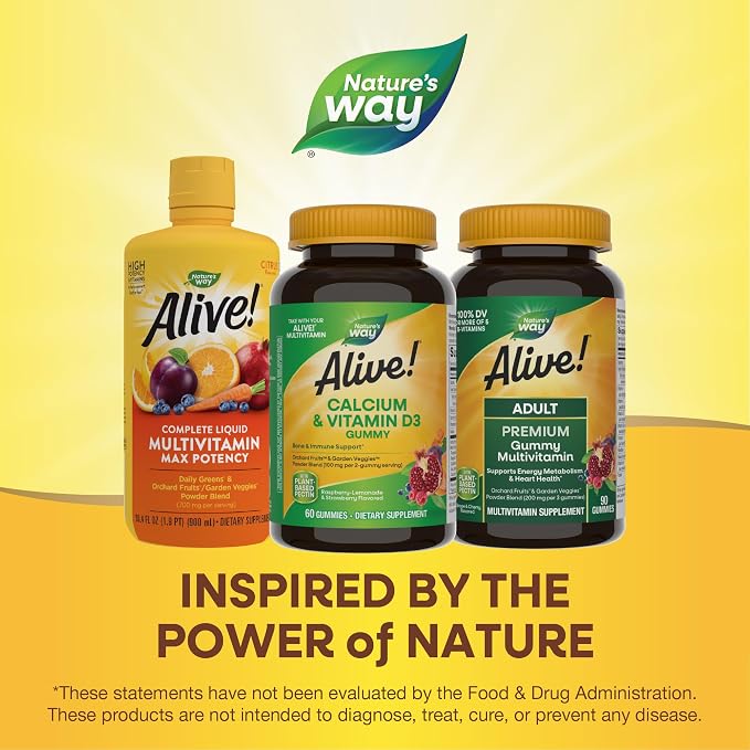 Nature’s Way Alive! Chewable Calcium Gummies with Vitamin D3, Daily Supplement Supports Healthy Bones and Teeth, and Muscle Function*, Strawberry and Raspberry-Lemonade Flavored, 60 Gummies (SET OF 3)