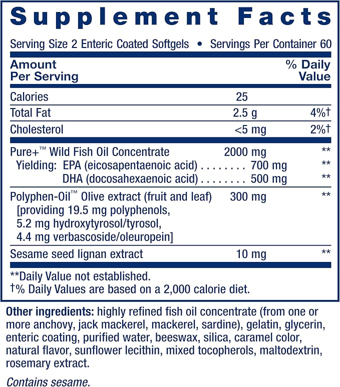 Life Extension Super Omega-3 EPA/DHA Fish Oil, Sesame Lignans & Olive Extract – Heart Health, Brain Health, Inflammation Health Support, Gluten-Free, Enteric-Coated, Non-GMO, 120 Softgels