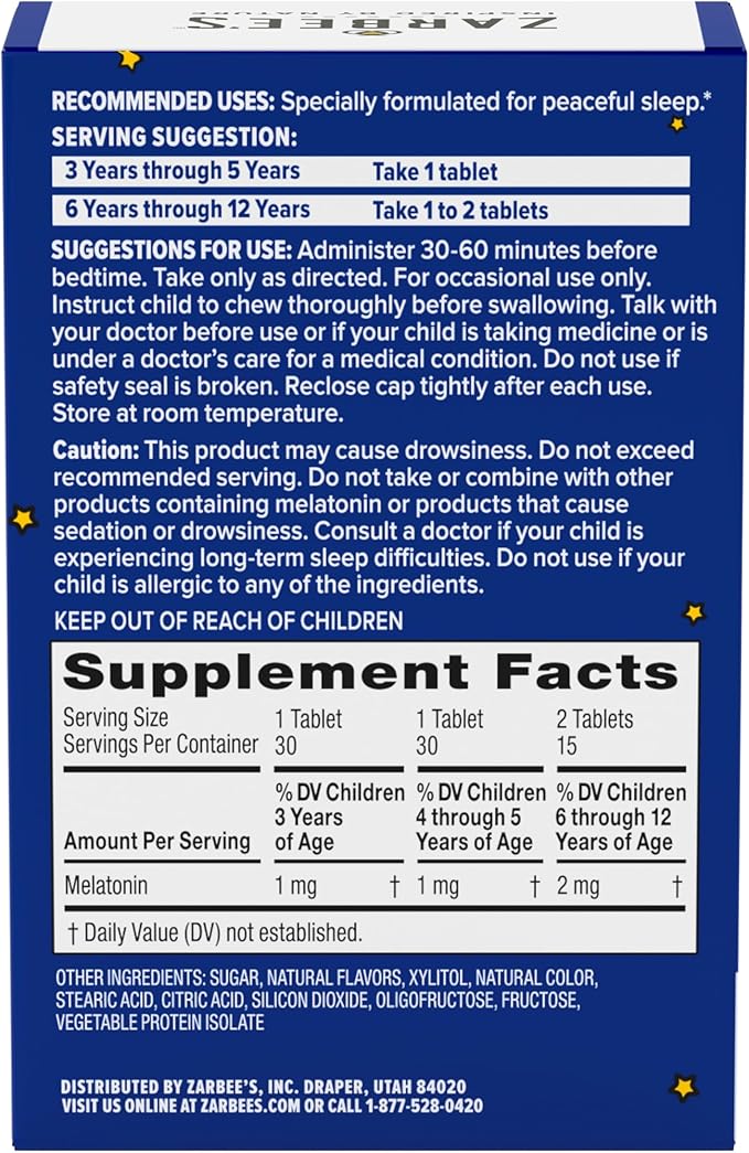 Zarbee's Kids 1mg Melatonin Chewable Tablet, Drug-Free & Effective Sleep Supplement, Easy to Take Natural Grape Flavor Tablets for Children Ages 3 and Up, 30 Count