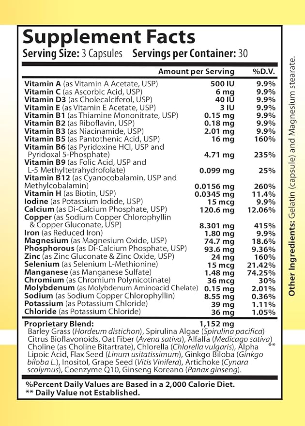 Vitamin Complex Multivitamins and Multiminerals - 12 Vitamins and 14 Minerals, Vitamin A C D3 E B1 B2 B3 B5 B6 B9 B12 H and Minerals - 90 capsules 41 Active Ingredients, Micronized for max absorption.